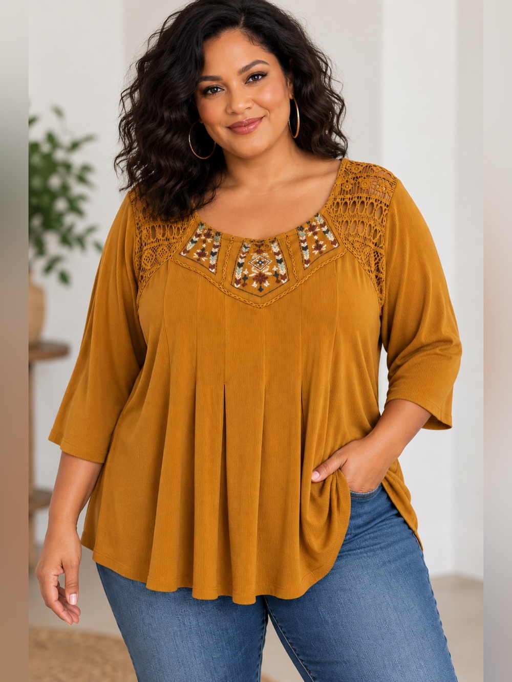 ARTESIA XXL Mustard Gold Embroidered Crochet Boho Top